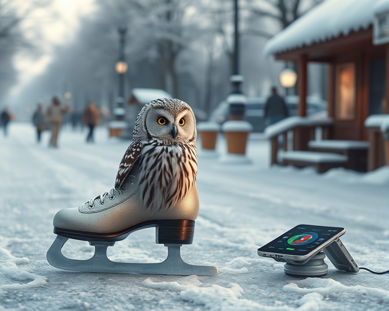 ice skate, owl, cell phone